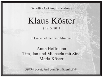 Traueranzeige von Klaus Köster von Tageszeitung