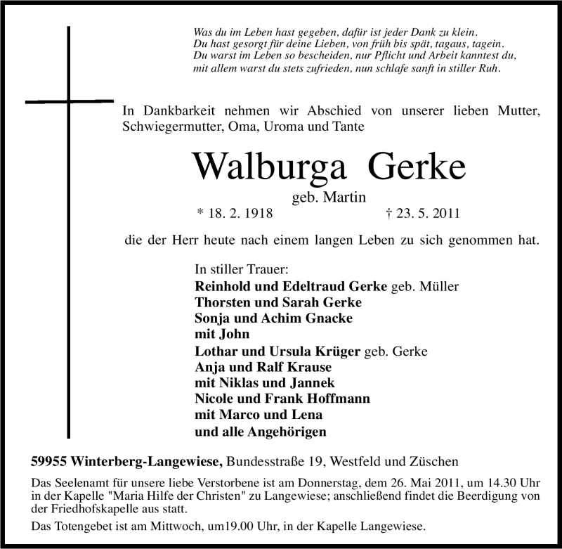  Traueranzeige für Walburga Gerke vom 24.05.2011 aus Tageszeitung