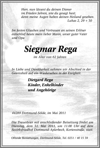 Traueranzeige von Siegmar Rega von Tageszeitung