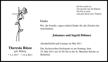 Traueranzeige von Theresia Rüsse von Tageszeitung