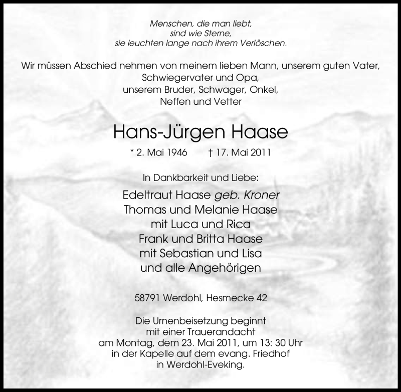  Traueranzeige für Hans-Jürgen Haase vom 19.05.2011 aus Tageszeitung