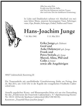 Traueranzeige von Hans-Joachim Junge von Tageszeitung