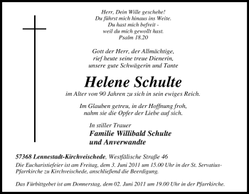 Traueranzeige von Helene Schulte von Tageszeitung