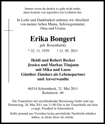Traueranzeige von Erika Bongert von Tageszeitung
