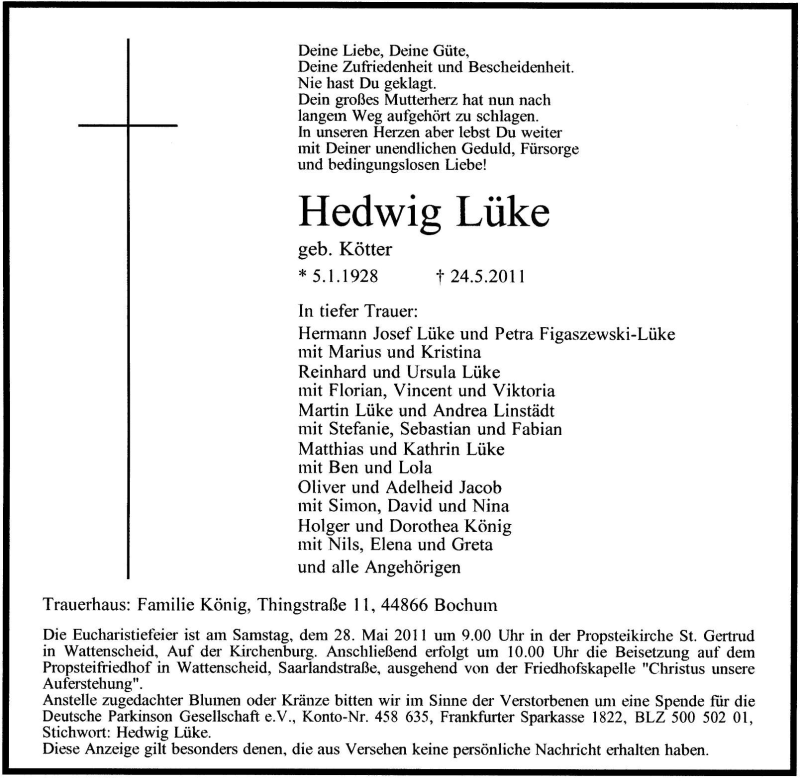  Traueranzeige für Hedwig Lüke vom 26.05.2011 aus Tageszeitung