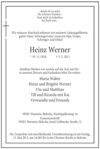 Traueranzeige von Heinz Werner von Tageszeitung