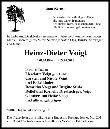 Traueranzeige von Heinz-Dieter Voigt von Tageszeitung