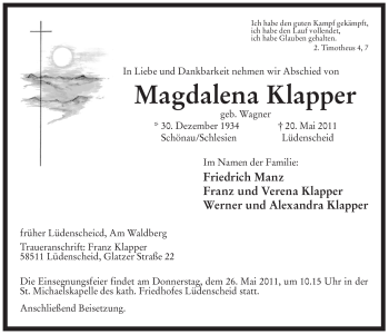 Traueranzeige von Magdalena Klapper von Tageszeitung