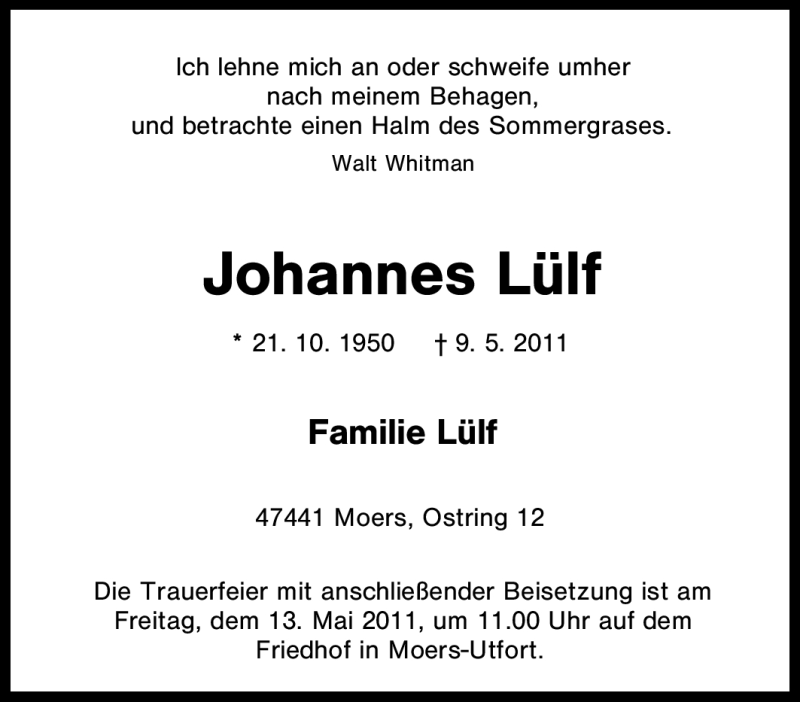  Traueranzeige für Johannes Lülf vom 11.05.2011 aus Tageszeitung