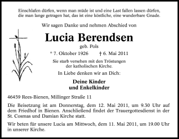 Traueranzeige von Lucia Berendsen von Tageszeitung