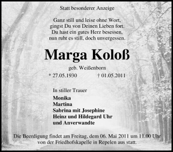 Traueranzeige von Marga Koloß von Tageszeitung