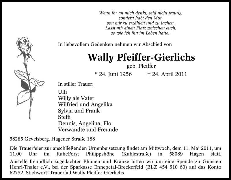  Traueranzeige für Wally Pfeiffer-Gierlichs vom 06.05.2011 aus Tageszeitung