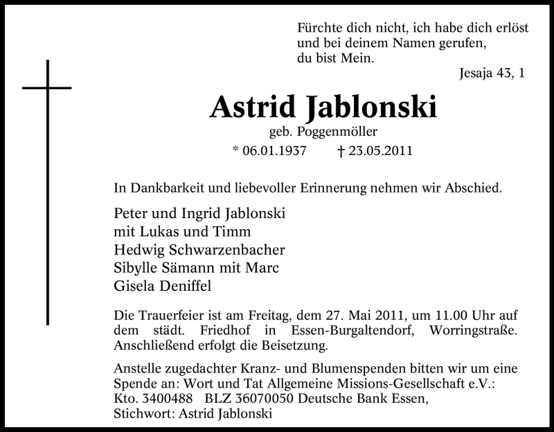  Traueranzeige für Astrid Jablonski vom 25.05.2011 aus Tageszeitung