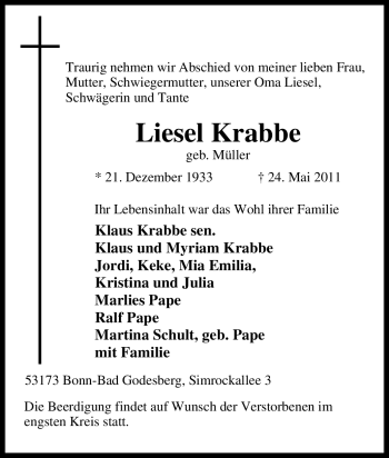 Traueranzeige von Liesel Krabbe von Tageszeitung