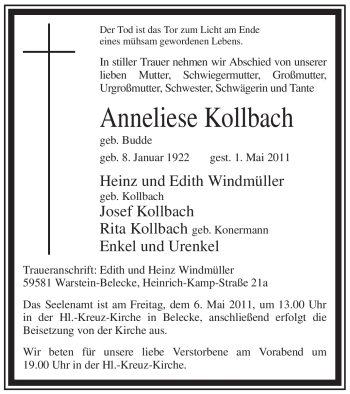 Traueranzeige von Anneliese Kollbach von Tageszeitung