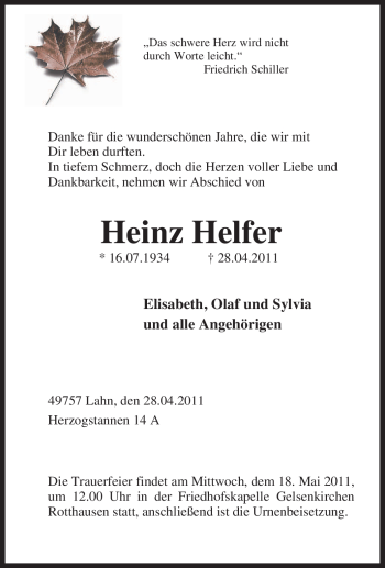 Traueranzeige von Heinz Helfer von Tageszeitung
