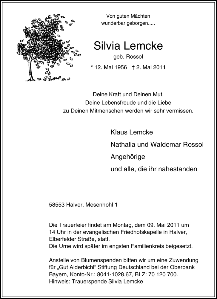  Traueranzeige für Silvia Lemcke vom 05.05.2011 aus Tageszeitung