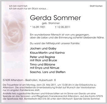 Traueranzeige von Gerda Sommer von Tageszeitung
