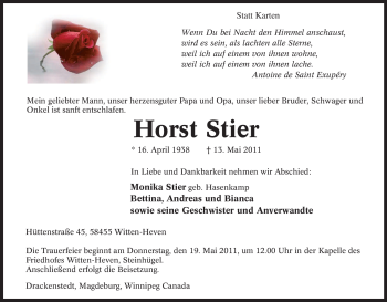 Traueranzeige von Horst Stier von Tageszeitung