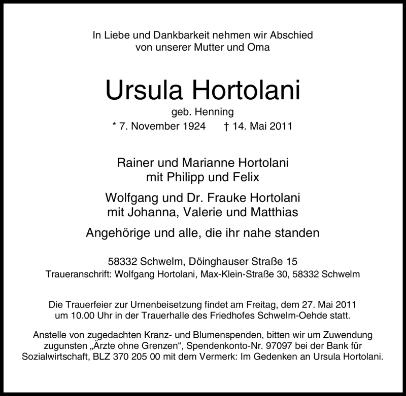 Traueranzeige für Ursula Hortolani vom 18.05.2011 aus Tageszeitung