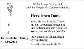 Traueranzeige von Heinz-Dieter Hennig von Tageszeitung