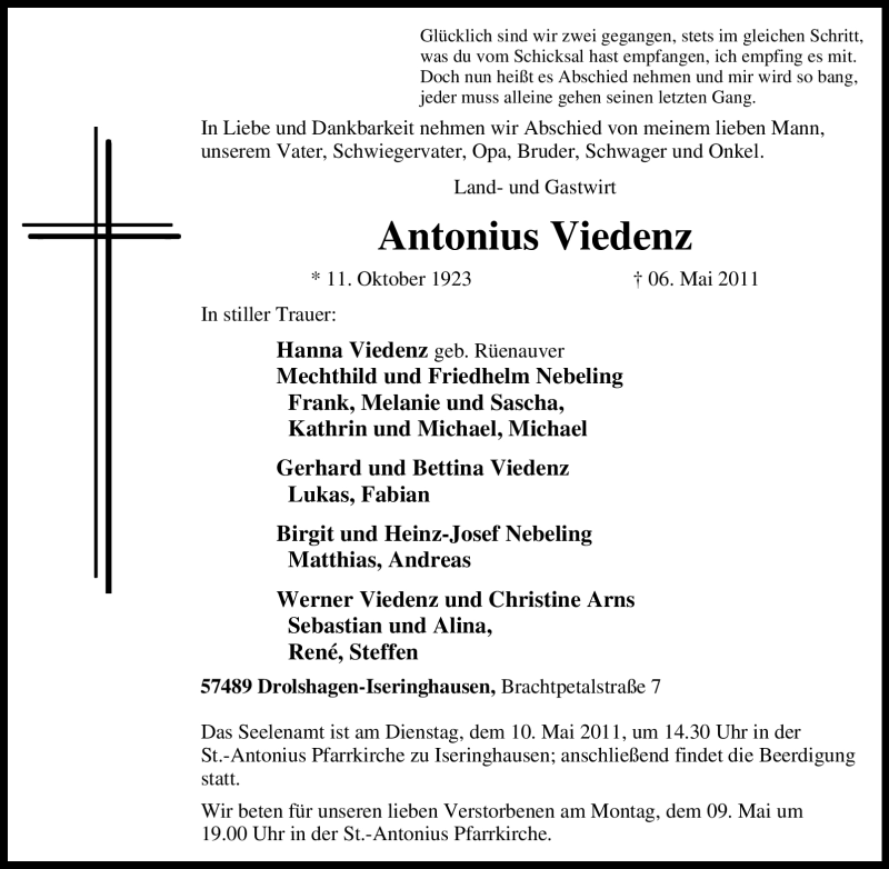  Traueranzeige für Antonius Viedenz vom 09.05.2011 aus Tageszeitung