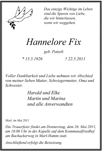 Traueranzeige von Hannelore Fix von Tageszeitung