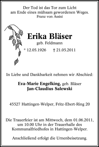 Traueranzeige von Erika Bläser von Tageszeitung