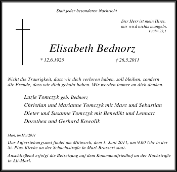 Traueranzeige von Elisabeth Bednorz von Tageszeitung