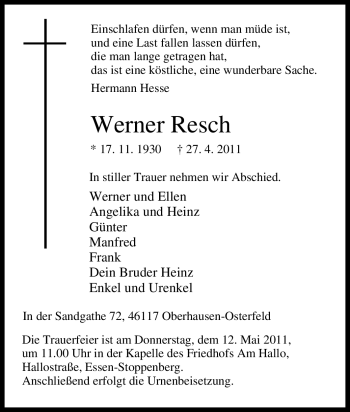Traueranzeige von Werner Resch von Tageszeitung