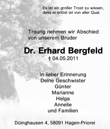 Traueranzeige von Erhard Bergfeld von Tageszeitung
