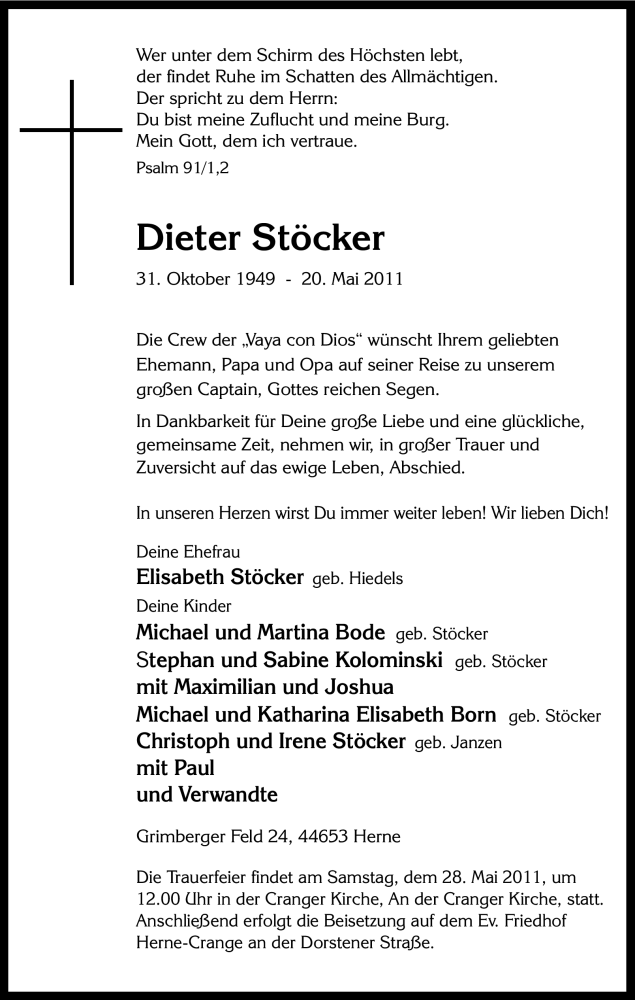  Traueranzeige für Dieter Stöcker vom 26.05.2011 aus Tageszeitung
