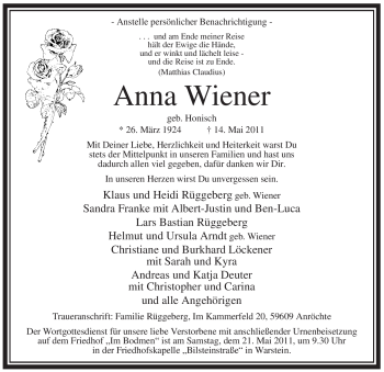 Traueranzeige von Anna Wiener von Tageszeitung