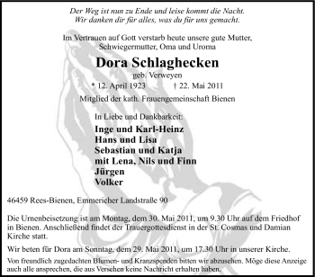 Traueranzeige von Dora Schlaghecken von Tageszeitung