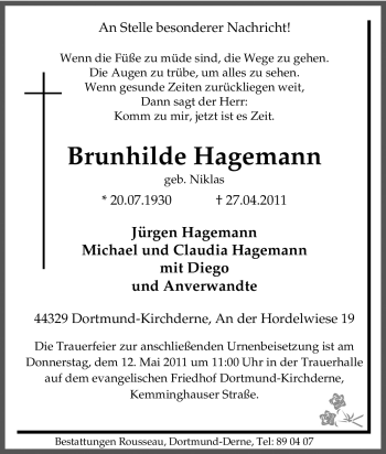 Traueranzeige von Brunhilde Hagemann von Tageszeitung