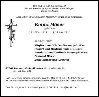Traueranzeige von Emmi Möser von Tageszeitung