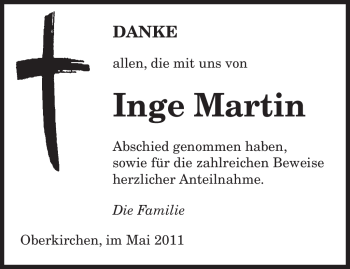 Traueranzeige von Inge Martin von Tageszeitung