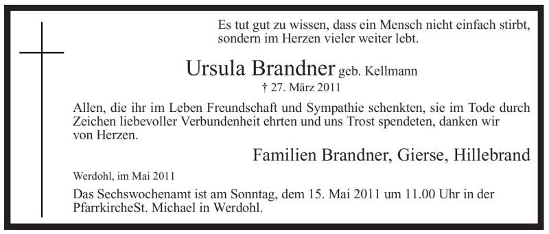  Traueranzeige für Ursula Brandner vom 07.05.2011 aus Tageszeitung