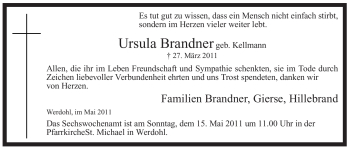 Traueranzeige von Ursula Brandner von Tageszeitung