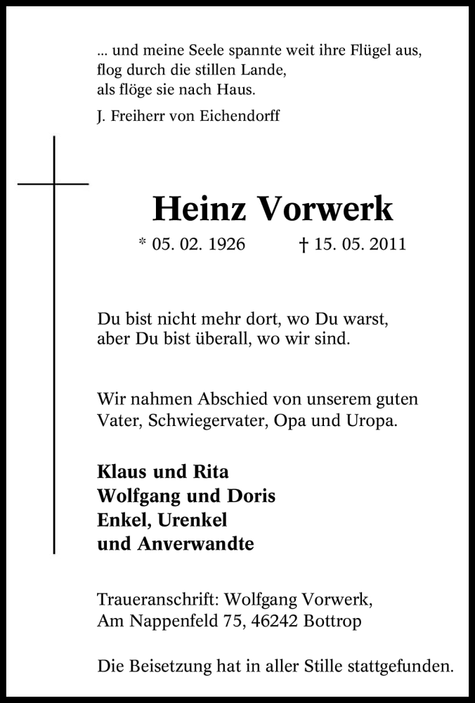  Traueranzeige für Heinz Vorwerk vom 25.05.2011 aus Tageszeitung