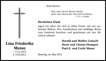 Traueranzeige von Lina Friederike Mense von Tageszeitung