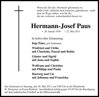 Traueranzeige von Hermann-Josef Paus von Tageszeitung