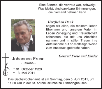Traueranzeige von Johannes Frese von Tageszeitung