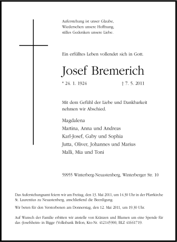 Traueranzeige von Josef Bremerich von Tageszeitung