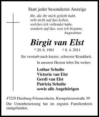 Traueranzeige von Birgit van Elst von Tageszeitung
