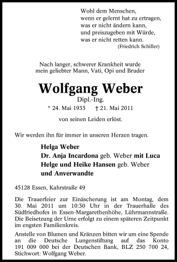 Traueranzeige von Wolfgang Weber von Tageszeitung