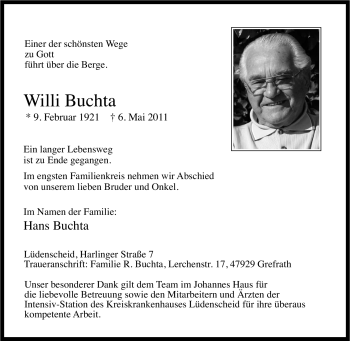 Traueranzeige von Willi Buchta von Tageszeitung