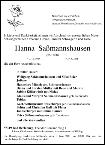 Traueranzeige von Hanna Saßmannshausen von Tageszeitung
