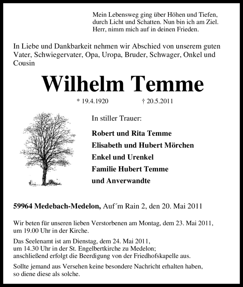  Traueranzeige für Wilhelm Temme vom 23.05.2011 aus Tageszeitung