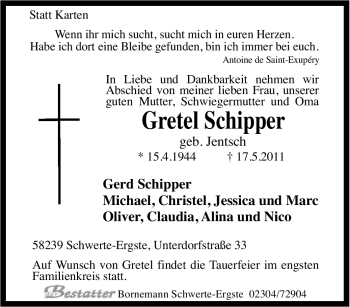 Traueranzeige von Gretel Schipper von Tageszeitung